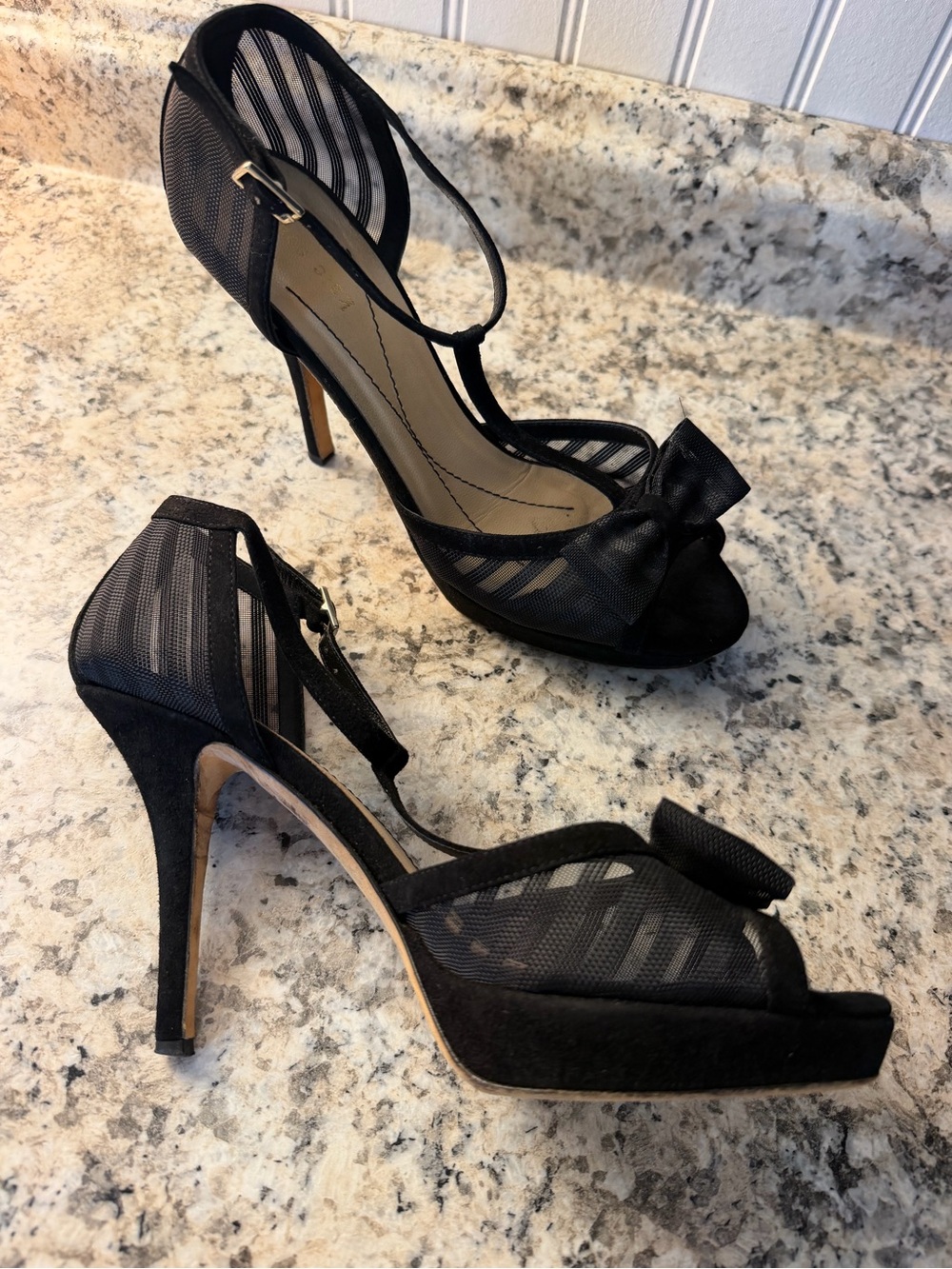 kate spade Black Mesh Bow T-Strap Peep-Toe Platform Stiletto Heels Made In Italy